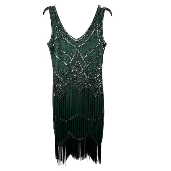 Fringe Beaded Flapper Dress S Emerald Green Sleeveless Lined Zip 1920 Style - Picture 1 of 8